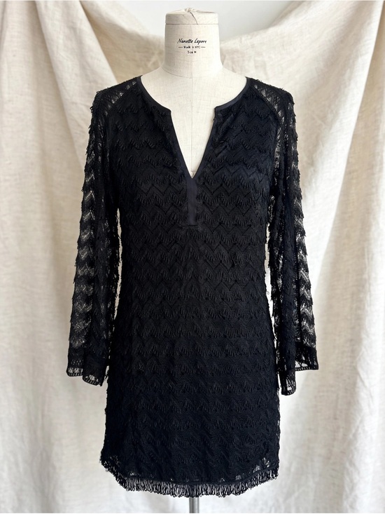 Nanette Lepore Dresses & Skirts - Nanette Lepore Black Chevron Lace Mini Dress Size M Bell Sleeve
